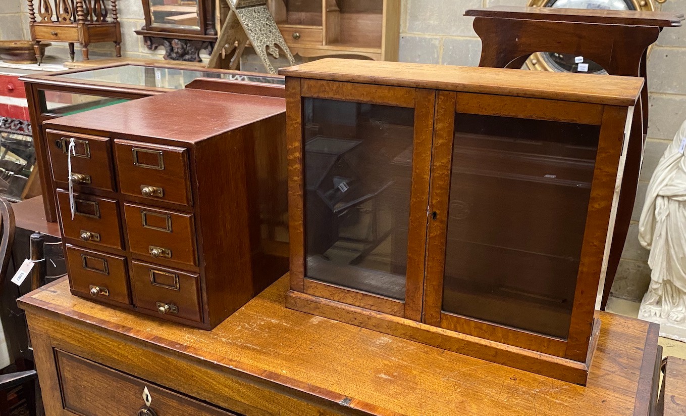 An early 20th century mahogany six drawer filing chest, width 32cm, depth 40cm, height 36cm and a table cabinet